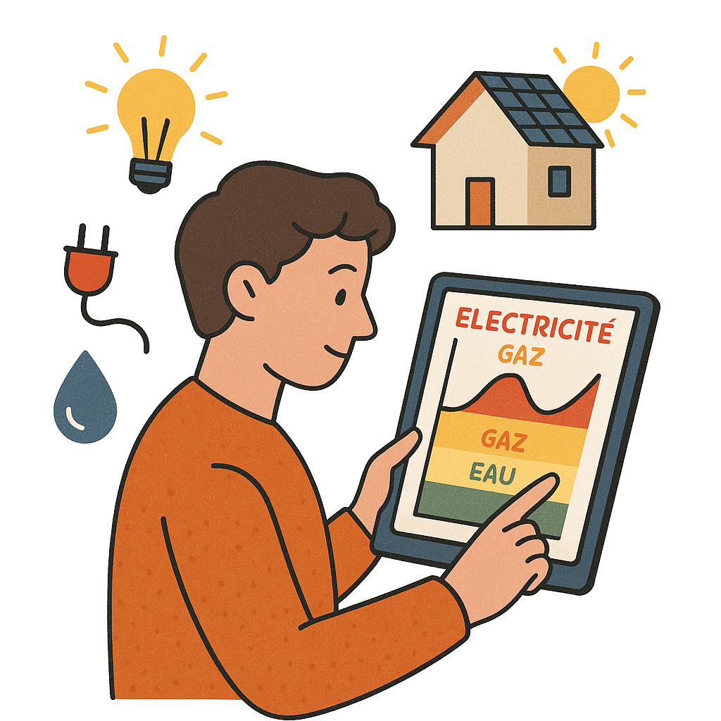 L'image représente un homme en train de suivre ses consommations d'électricité, de chauffage et d'eau sur une tablette.